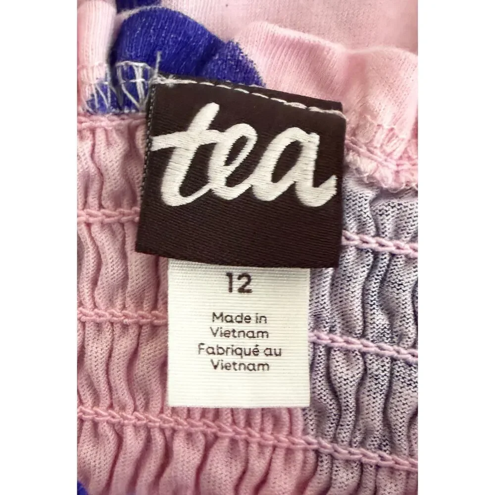 Tea Collection Girls Tie Shoulder Smocked Romper Pink Purple Cotton Polka Dot 12